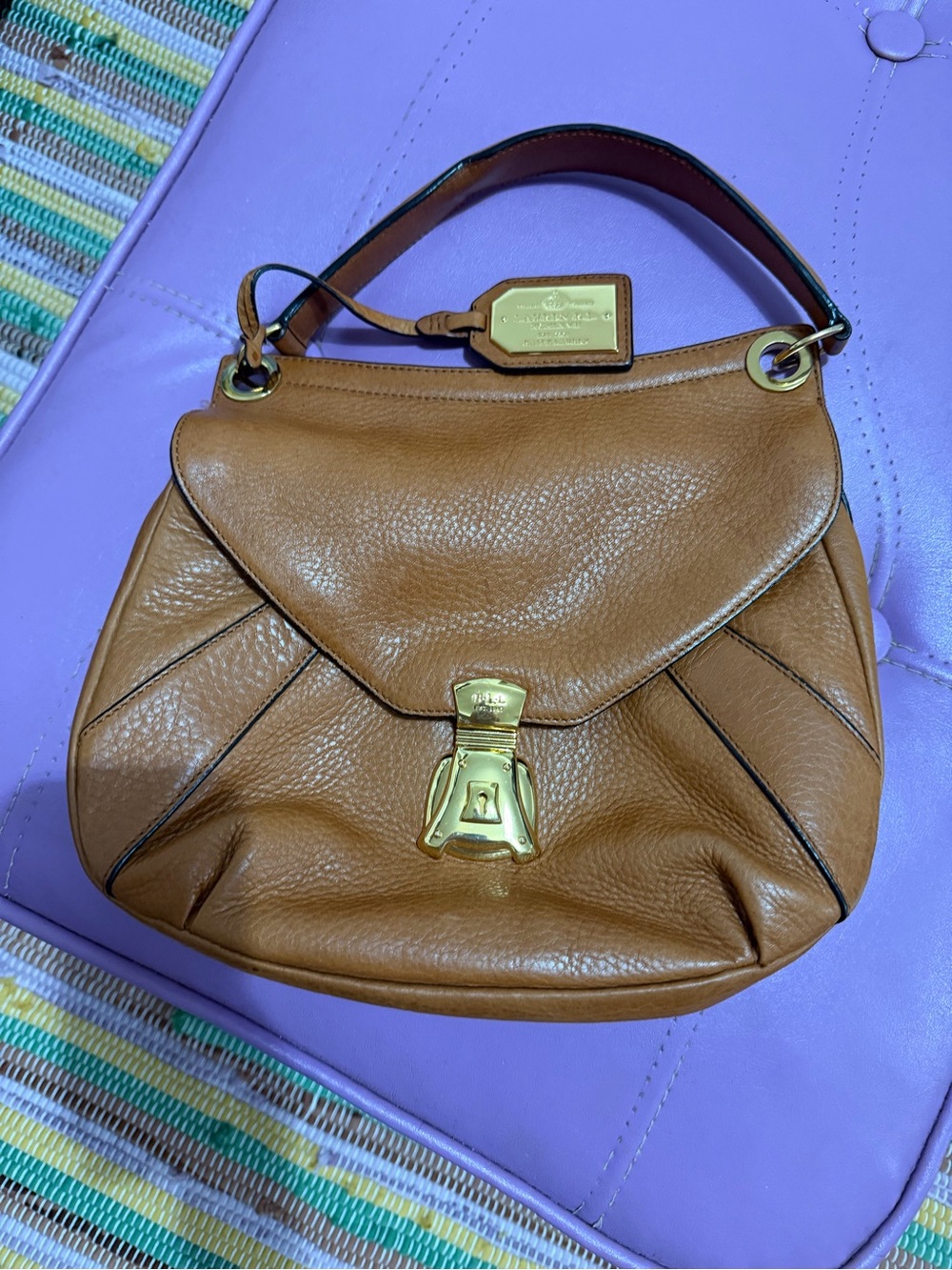 Polo by Ralph Lauren Cognac Pebbled Leather Shoulder Bag with Gold Hardware